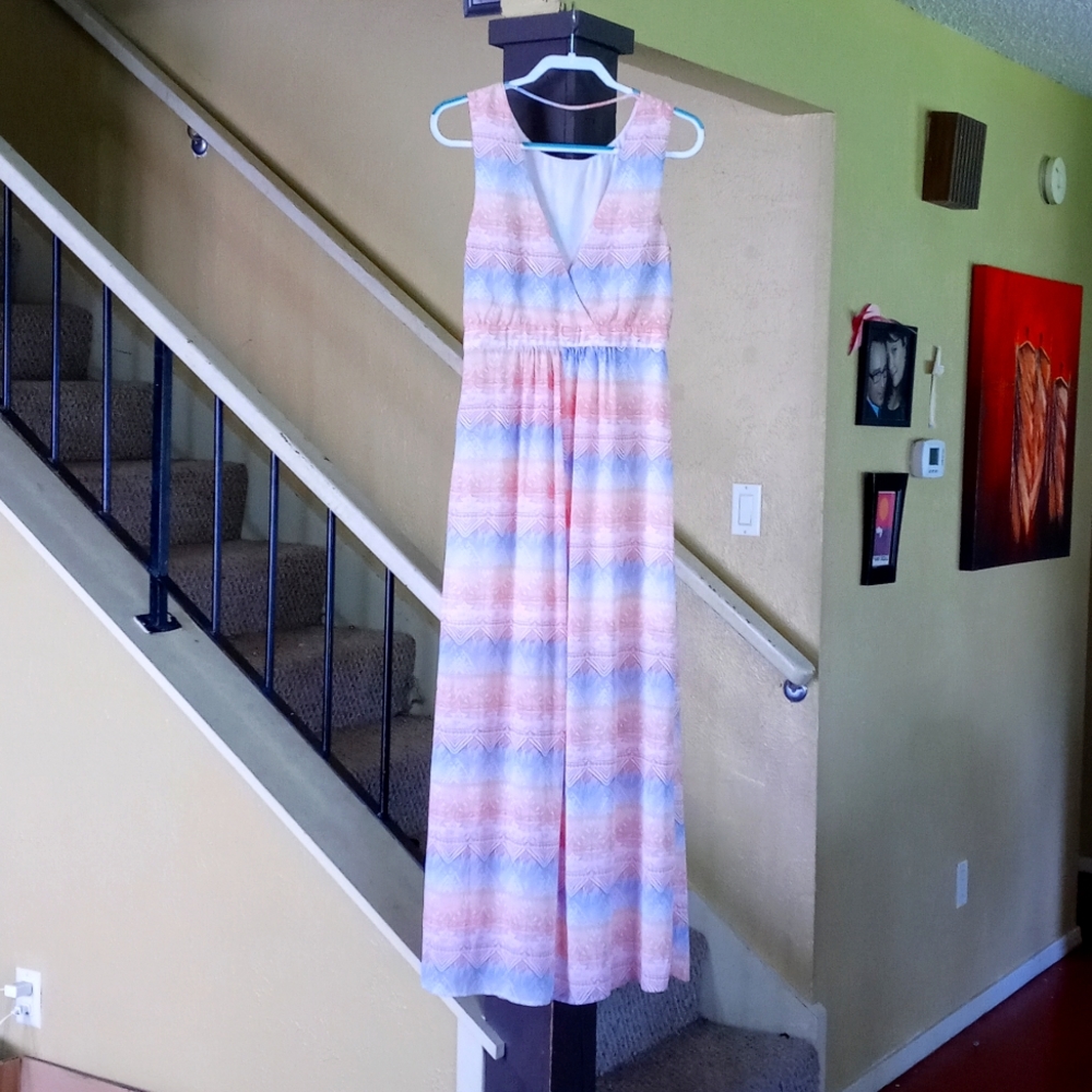 One Clothing Orange/Indigo Aztec Pattern Sleeveless Long Dress Women's Size Med